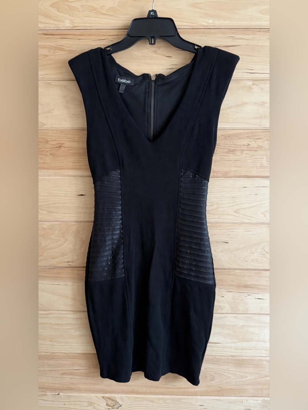 bebe Black Mini V-Neck Sheath Dress with Textured Side Panels